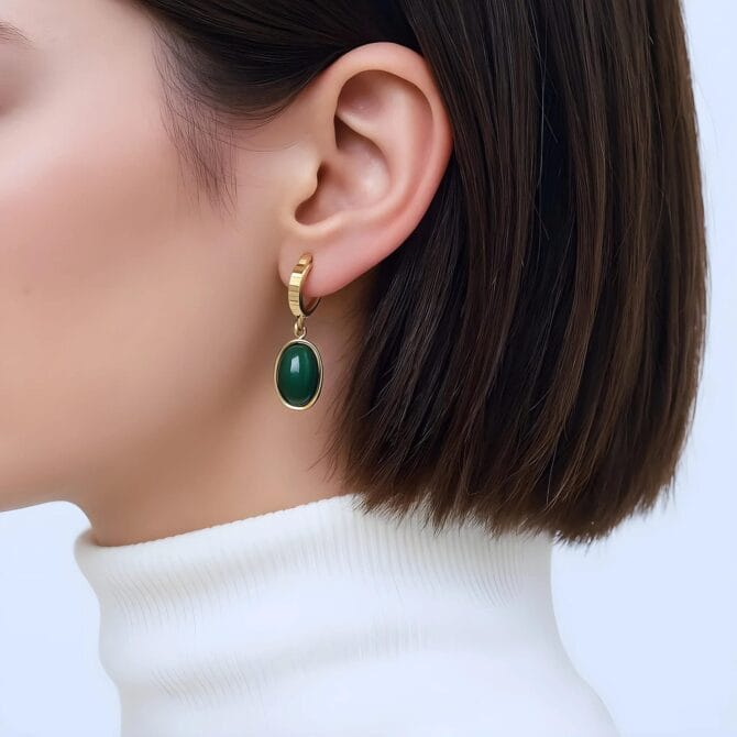 Experience the delicate fusion of ancient elegance and modern luxury. The Golden Jade Earring dances gracefully, its radiant glow a tribute to timeless beauty and refined artistry, perfect to adorn every look with an air of enchanting mystique.